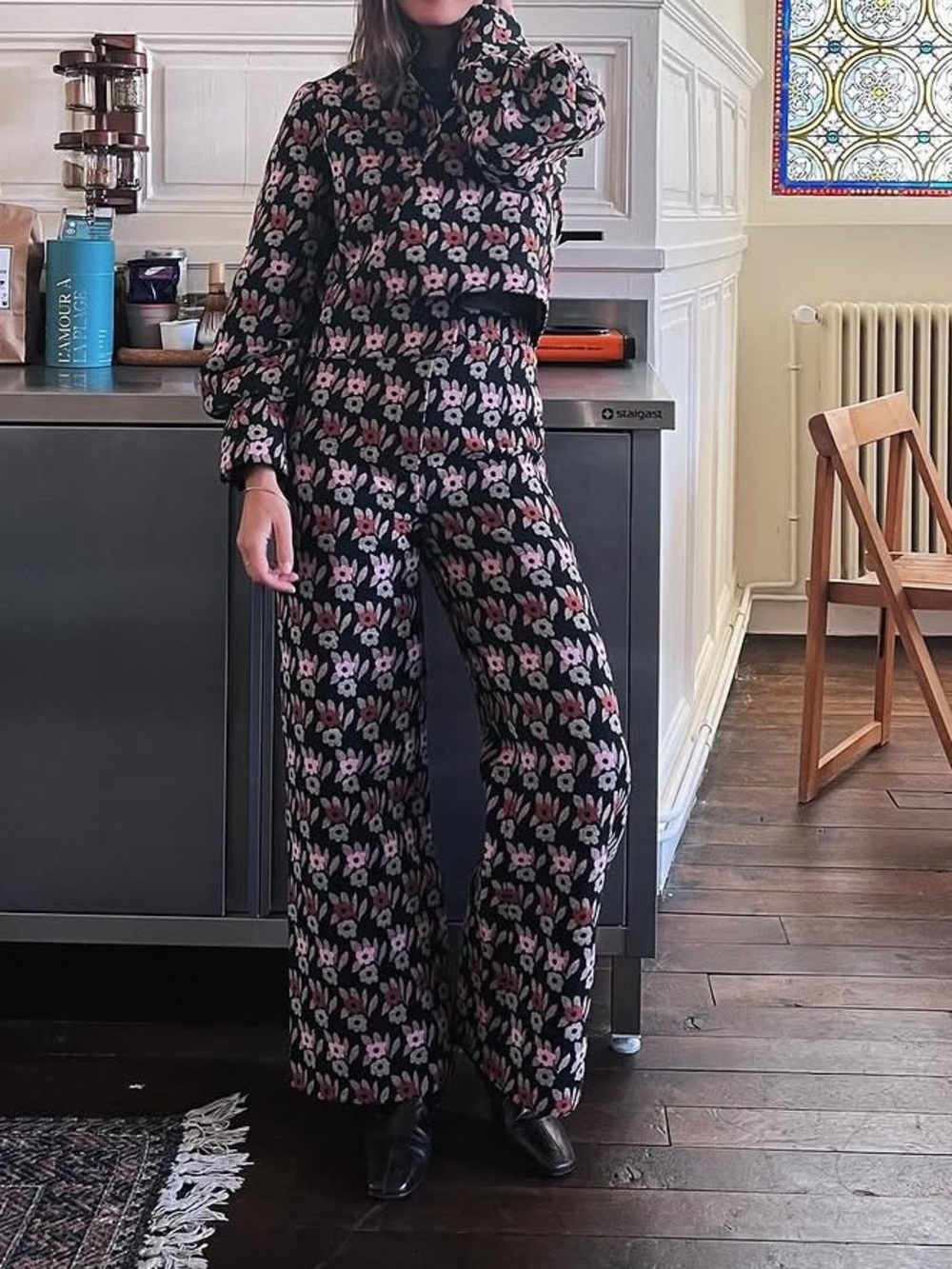 FloLove Paris Floral Wide-Leg Women’s Pants in Black with Pink & Orange Flowers